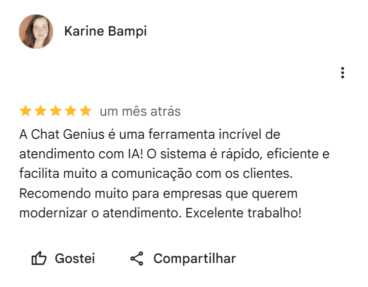 Avaliação 5 estrelas de Karine Bampi no Google sobre o ChatGeniuns