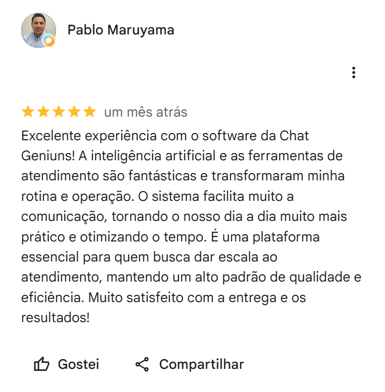 Avaliação 5 estrelas de Pablo Maruyama no Google sobre o ChatGeniuns