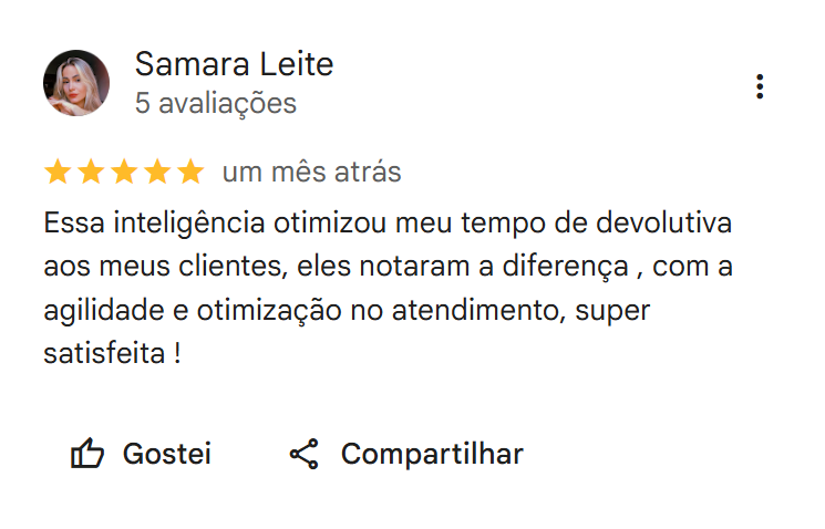 Avaliação 5 estrelas de Samara Leite no Google sobre o ChatGeniuns